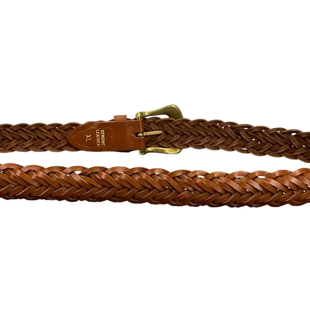 Brown Genuine Leather Braided Belt Brass Buckle Women 34”-38”